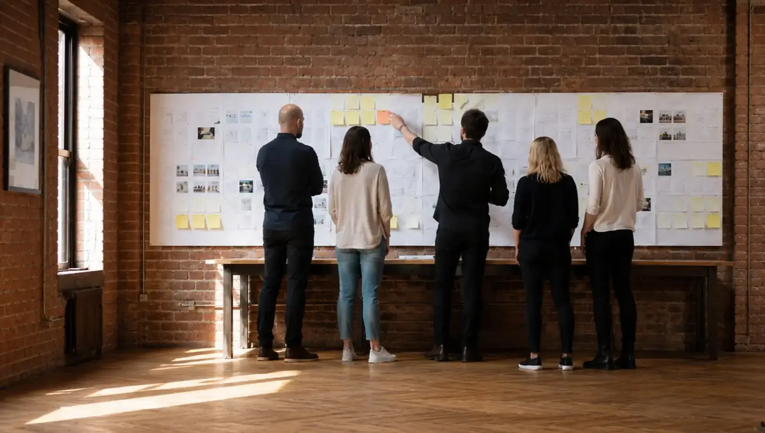 A working session at a wall of paper in an open office